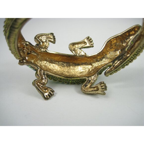 Gold Tone Crocodile Green Crystal Hinged Bangle Bracelet Sparkly Jewelry - Picture 6 of 12